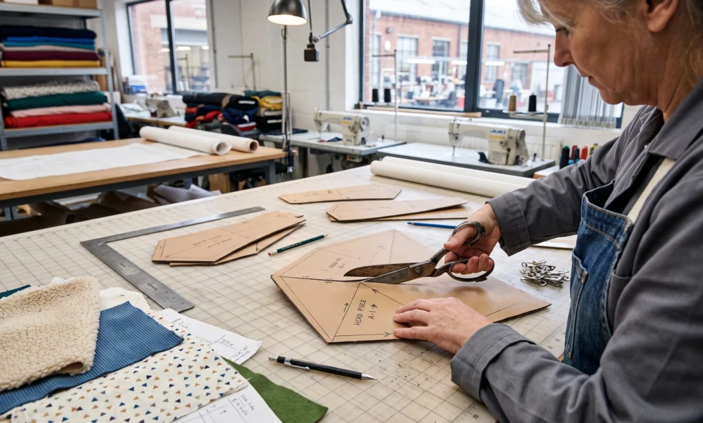 A professional pattern maker at our custom pet toy factory precisely cutting cardboard molds for a plush toy prototype.