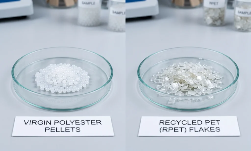 A side-by-side laboratory comparison showing uniform, translucent virgin polyester pellets (left) next to irregular, shredded recycled PET (RPET) flakes (right).