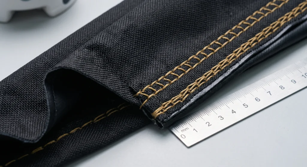 A close-up macro photograph showing the precise double-needle lockstitching using high-tensile bonded nylon thread on a section of black 600D Oxford fabric with PVC backing, illustrating durable seam construction.