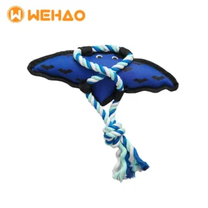 Blue bat shaped tough canvas dog chew toy featuring small bat patterns and a braided blue and white cotton rope.