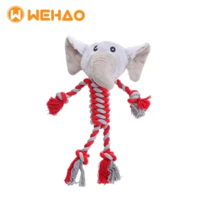 Grey plush elephant dog toy with red and grey durable braided cotton rope body for tugging and chewing