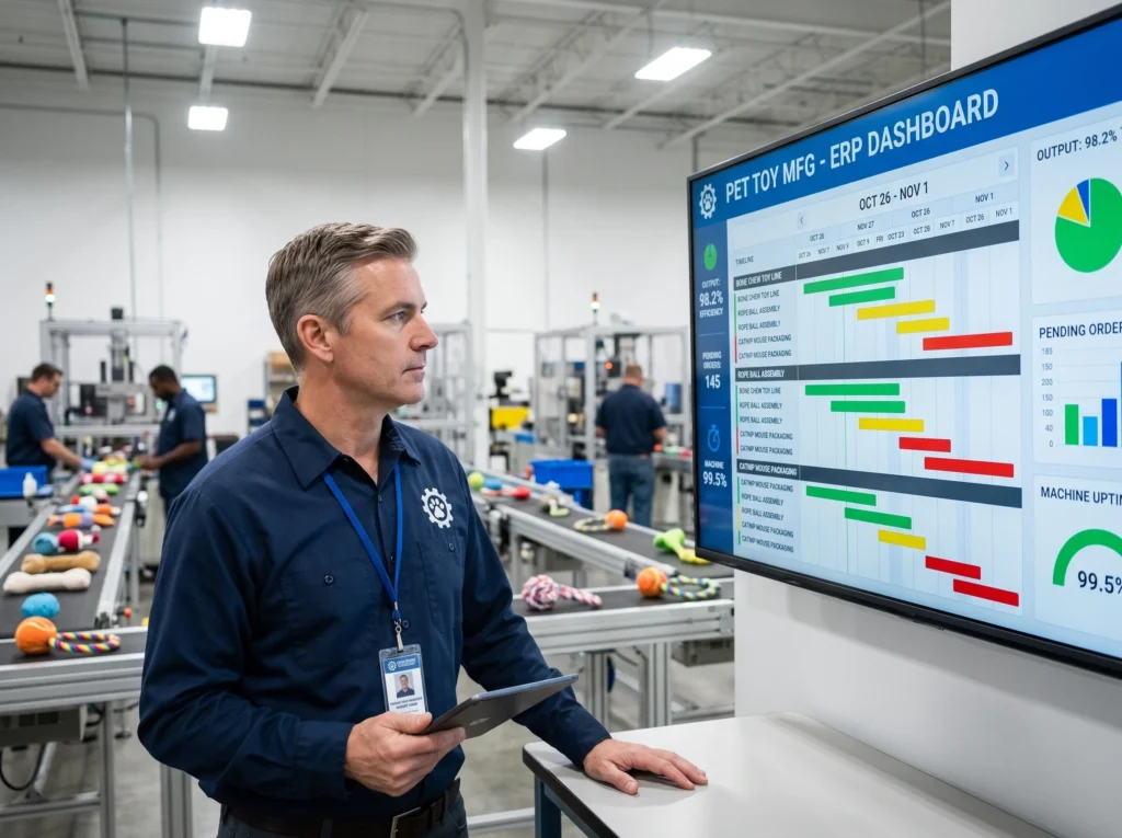 Production planning manager at Wehao Pets reviewing the Q4 pet toy manufacturing schedule on an ERP system to ensure 90-day lead time compliance.