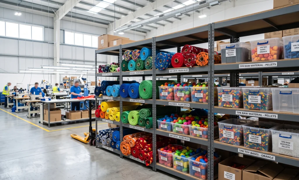 Stacks of custom dyed plush fabrics and raw materials staged for pet toy contract manufacturing on the cutting floor.