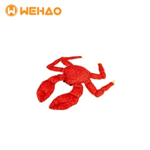 Custom flat red plush crab dog toy with reinforced stitching, manufactured by Wehao Pets for bulk wholesale.