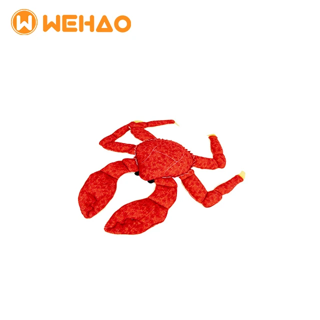 Custom flat red plush crab dog toy with reinforced stitching, manufactured by Wehao Pets for bulk wholesale.