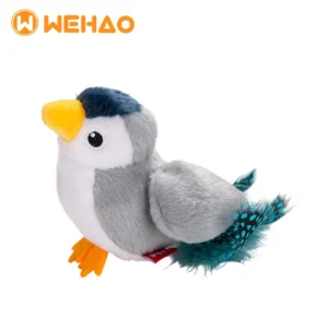 Custom plush white-headed starling bird pet toy with feather tail, manufactured by Wehao Pets.