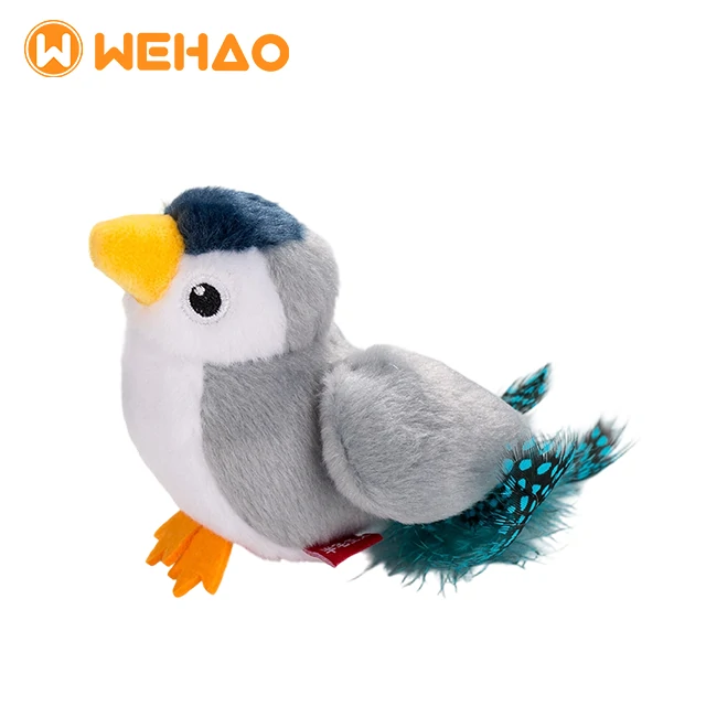 Custom plush white-headed starling bird pet toy with feather tail, manufactured by Wehao Pets.