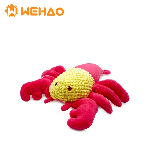 Custom plush red and yellow lobster dog chew toy with textured surface, manufactured by Wehao Pets for wholesale.