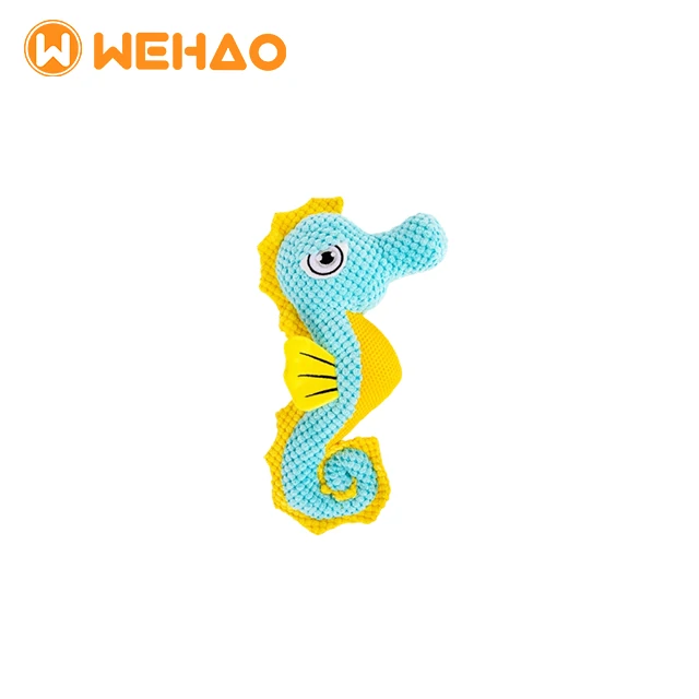 Custom plush blue and yellow seahorse dog chew toy with textured corduroy surface, manufactured by Wehao Pets for wholesale.