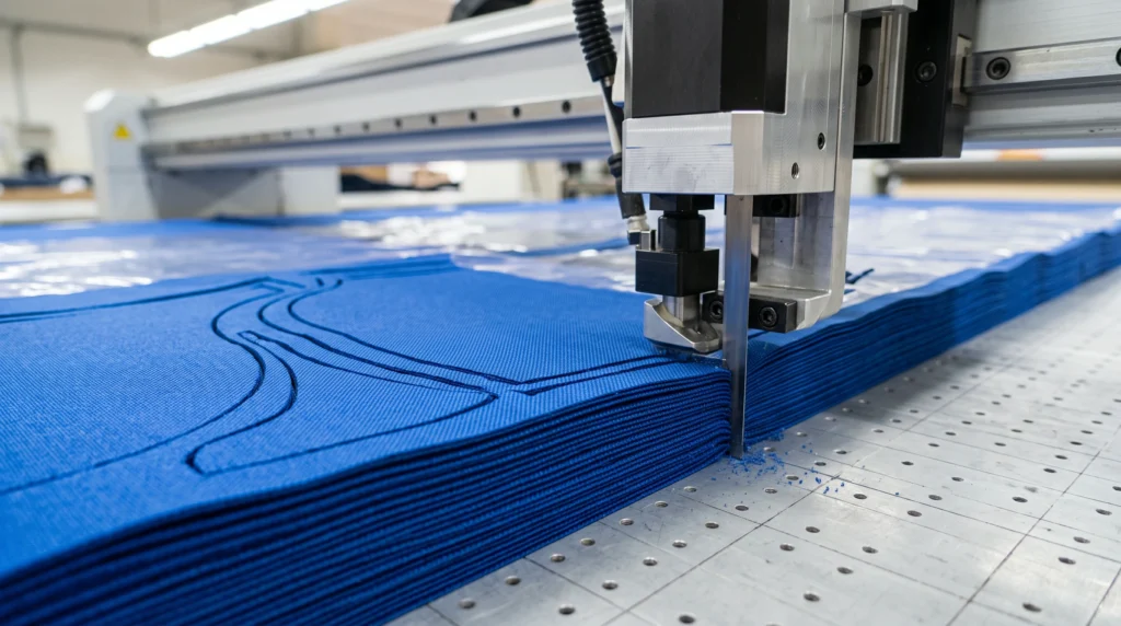 Close up view of oscillating blades cleanly slicing through stacked layers of synthetic blue material without fraying.