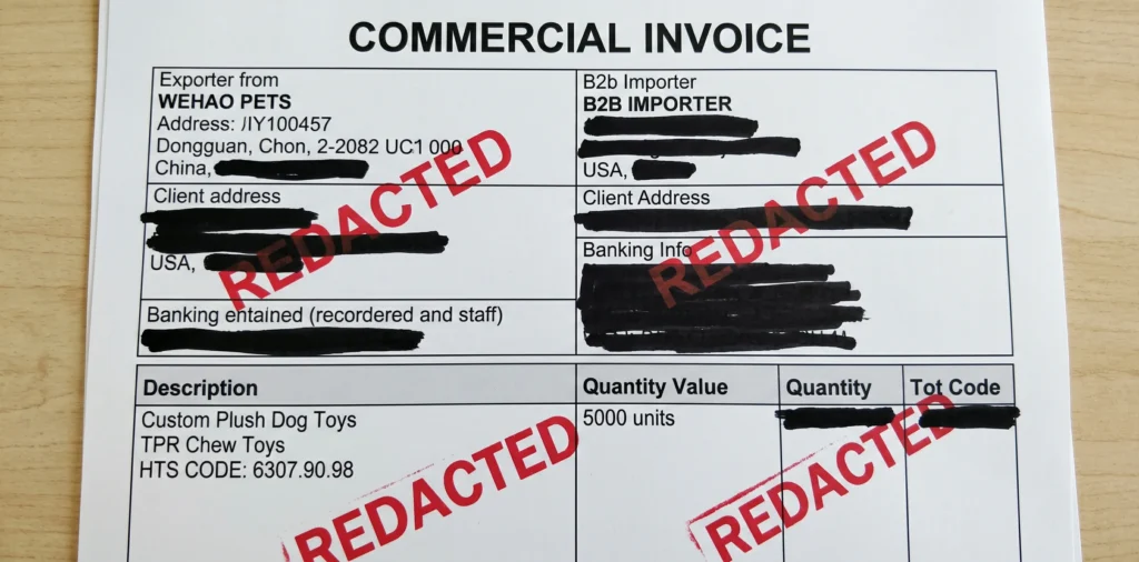 A close-up photograph of a detailed B2B commercial invoice for pet toys from Wehao Pets in Dongguan, China