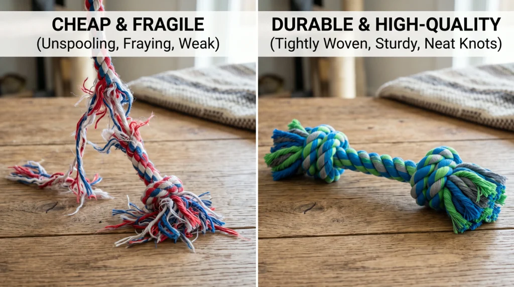 Side-by-side comparison showing a loosely braided, cheap dog rope toy unspooling next to a tightly woven, safe rope toy for dogs manufactured by Wehao Pets.