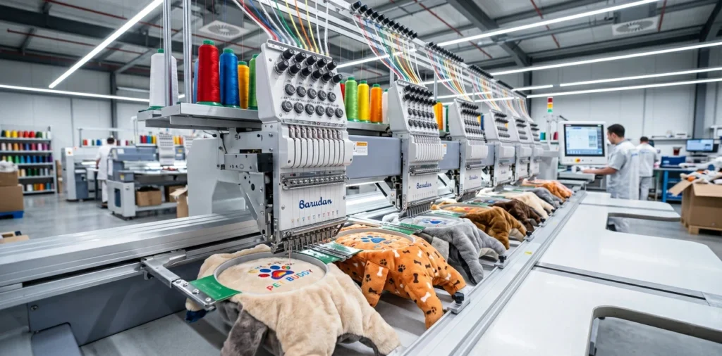 A modern computerized multi-head embroidery machine actively stitching colorful logos onto plush pet toy fabrics on a factory production line.