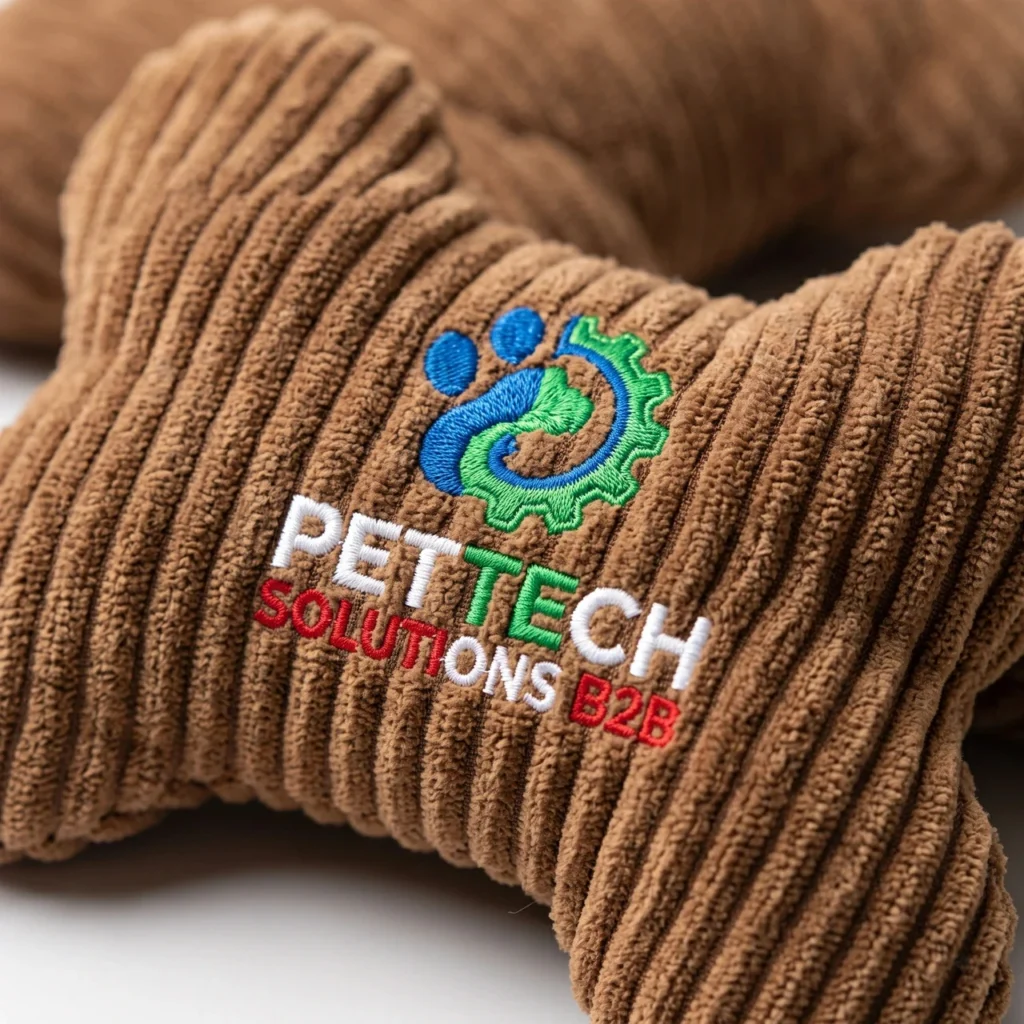 Close-up macro view of a crisp, high-density custom embroidered logo applied to brown corduroy plush dog toy fabric.