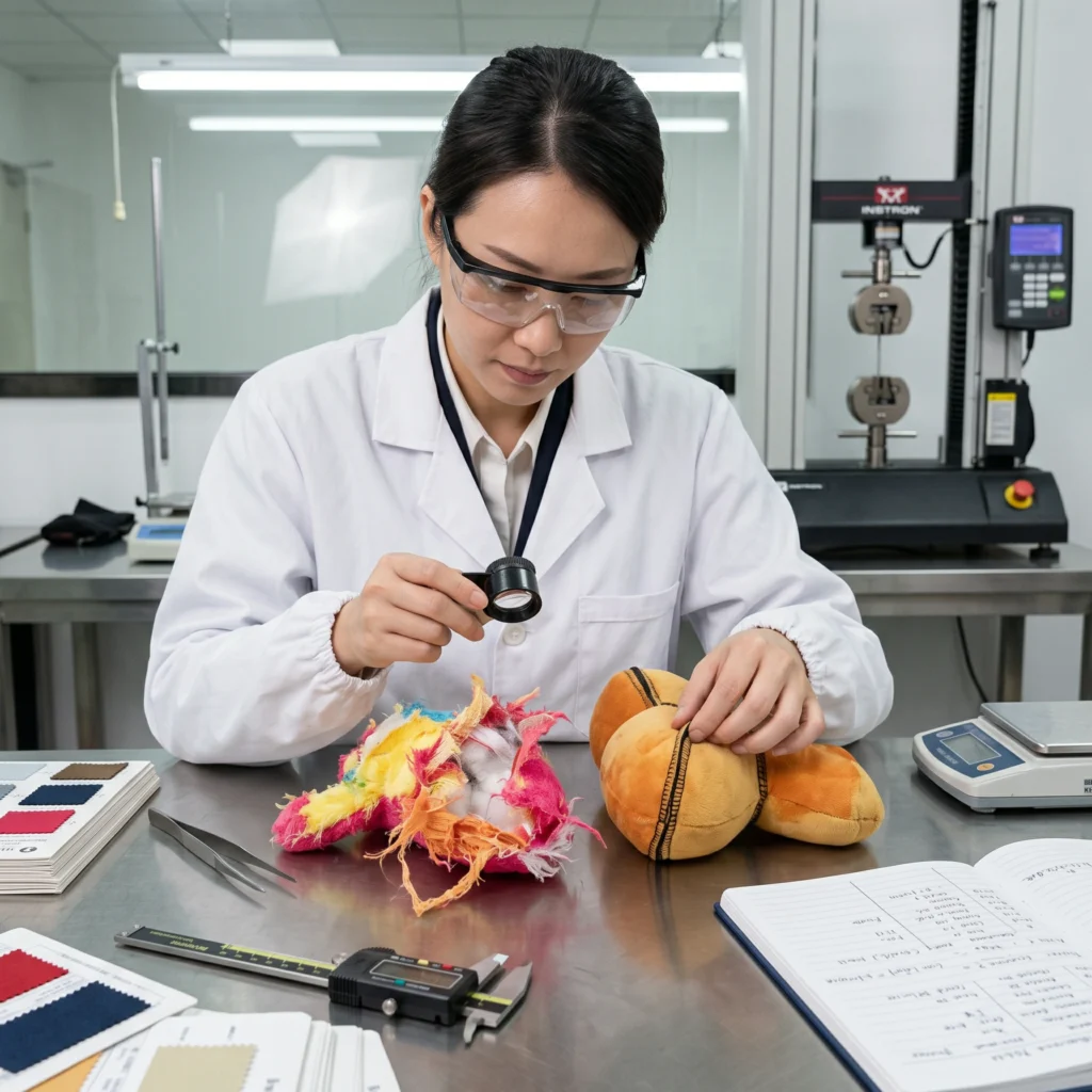 A quality control engineer examining a torn plush toy sample next to a durable, reinforced prototype in a laboratory setting.