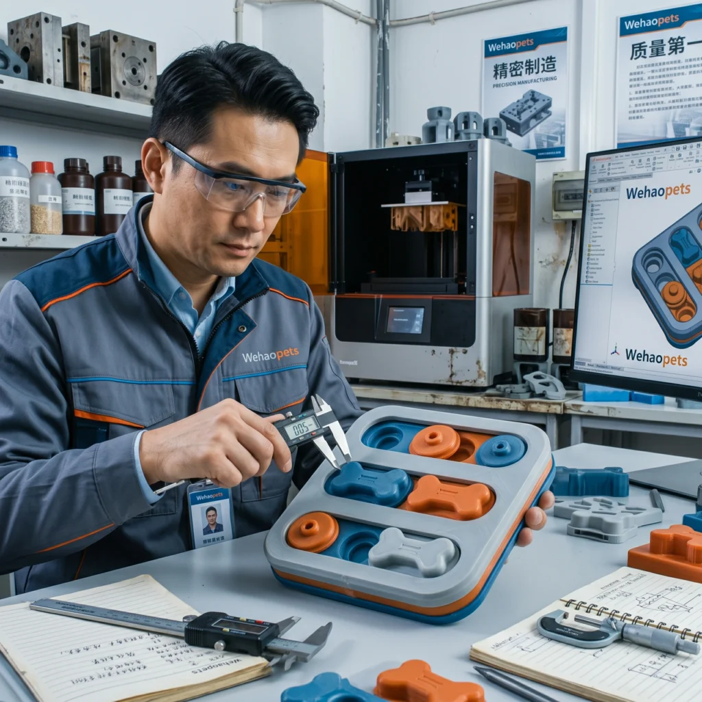 A close-up industrial photograph of a male engineer in a lab setting, using digital calipers to measure the tolerances on a complex, SLA-printed blue resin dog puzzle toy prototype. In the background is an industrial 3D printer.