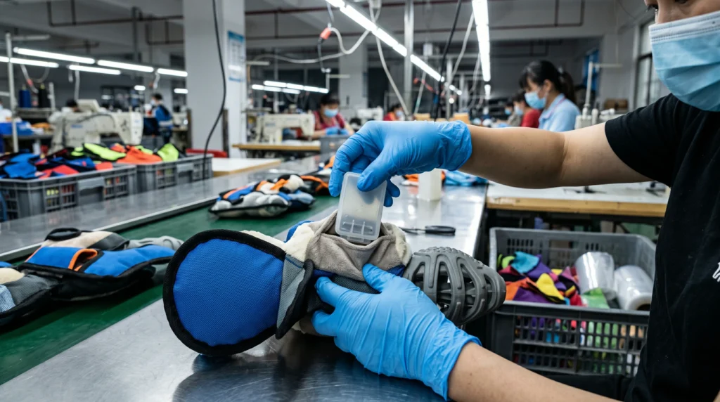 A real factory photo of a worker's hands inserting a crinkle squeaker module into the internal pouch of a multi-layer dog toy on an assembly line.