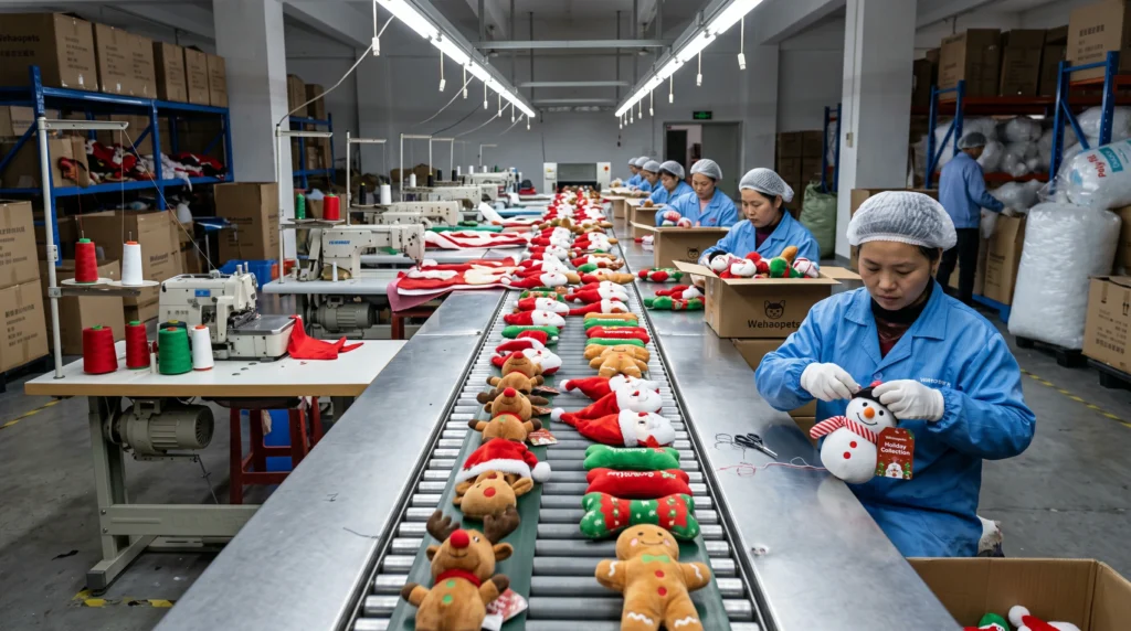 holiday-themed plush pet toys moving down an assembly line during peak production.