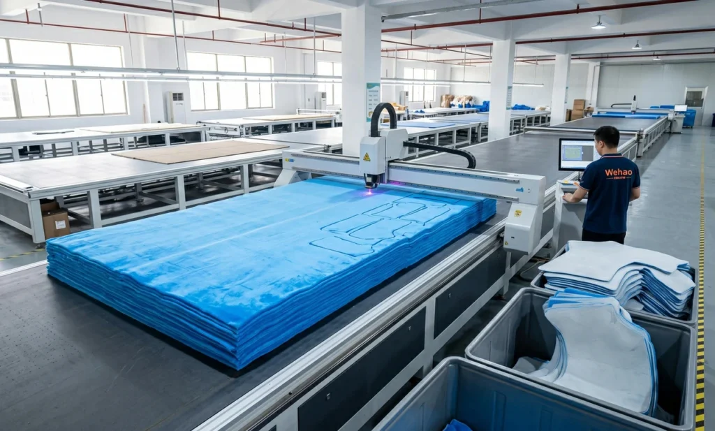 A large industrial CNC fabric cutting machine slicing through many layers of stacked textile at the Wehao Pets factory, demonstrating volume production required for custom dog toys with logo.