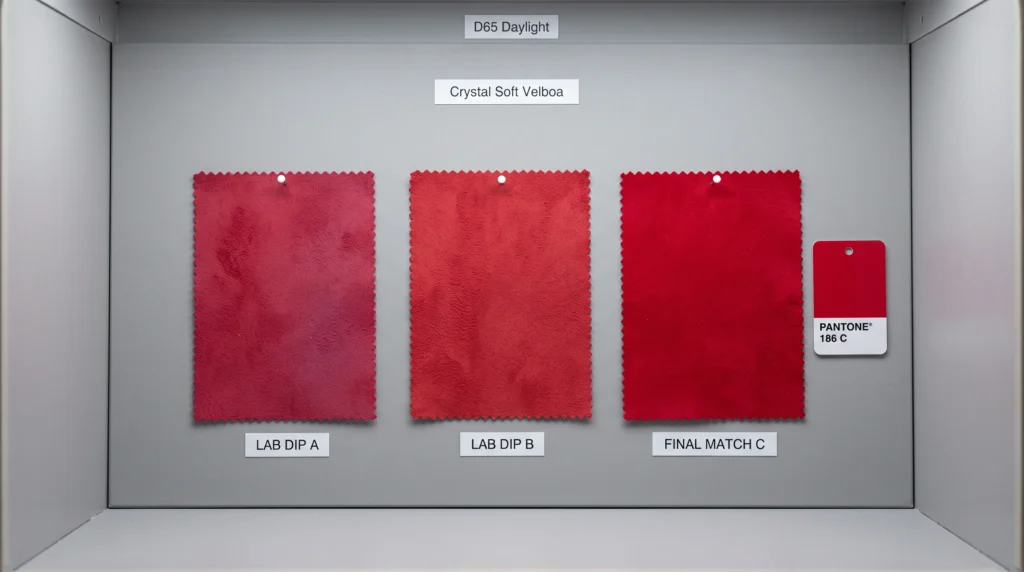 A series of A, B, and C lab dip fabric swatches showing iterative shades of red formulated with Azo-free disperse dyes for client approval.