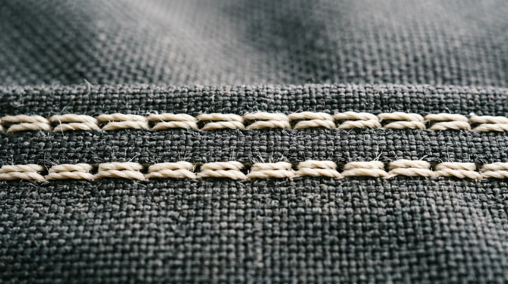 Extreme close-up of heavy-duty double-needle lockstitching on thick PVC-backed polyester fabric, showing robust seam construction.