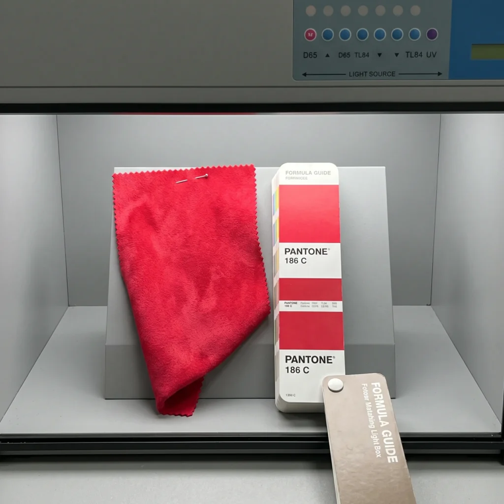 A vibrant red crystal soft velboa fabric swatch pinned next to a Pantone color book inside a standardized QA light box.