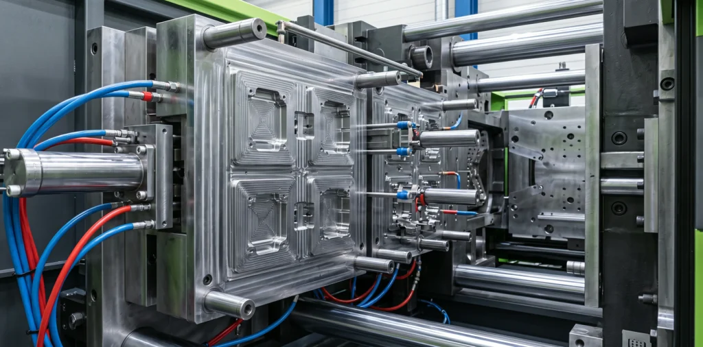 A panoramic, close-up industrial photograph showing a complex, opened multi-cavity steel injection mold assembly, made of polished P20 steel, designed to produce interlocking components for an interactive dog puzzle toy. Hydraulic cooling lines and sliders are visible.
