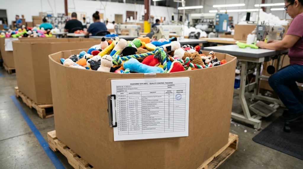 Detailed QC tracking sheets attached to a batch of pet toys on the factory floor.