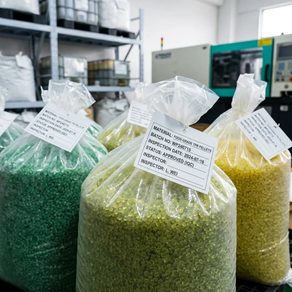 Close-up of raw TPR pellets and fabric rolls with visible Wehao Pets IQC inspection tags in the manufacturing facility.