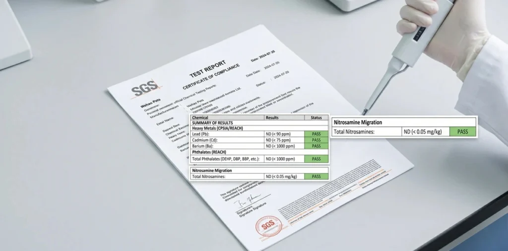 Official SGS chemical testing and migration report demonstrating zero detectable heavy metals and phthalates for Wehao Pets materials