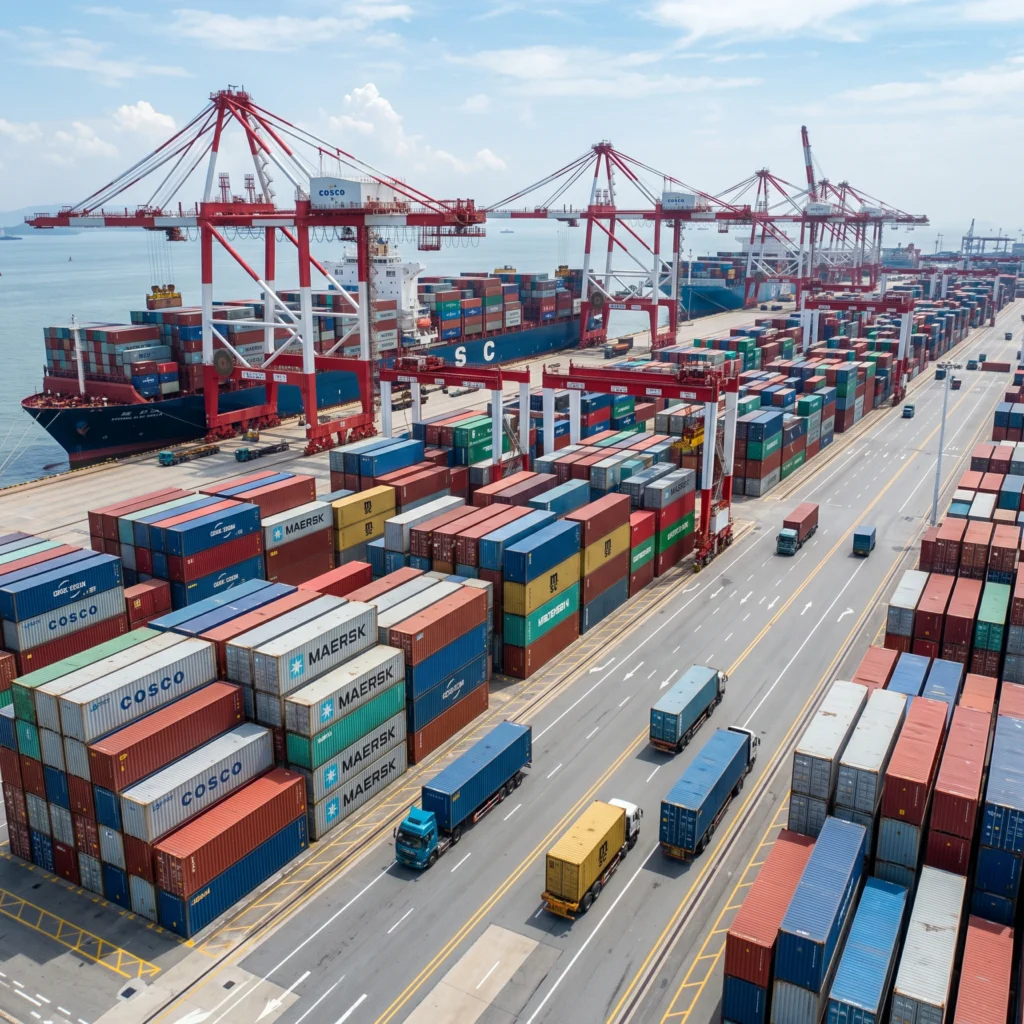 An aerial photograph of the Yantian container terminal in Shenzhen, China, showing stacked shipping containers, cranes unloading a ship, and container trucks.