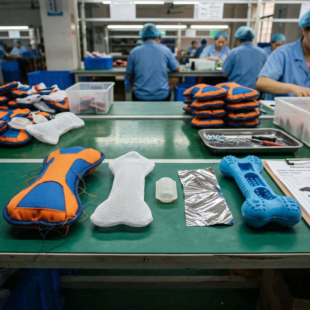 An exploded view real factory photo showing the separate layers of a TPR dog toy before assembly, including the plush shell, internal mesh, and TPR core.