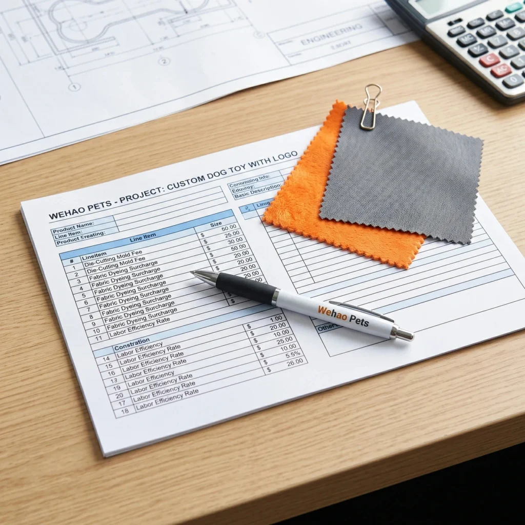 Close-up photo of a detailed B2B product costing sheet, a bone-shaped dog toy tech pack diagram, and fabric swatches on a desk at the Wehao Pets manufacturing facility.