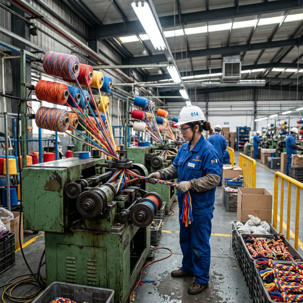 A photo of a dog rope toy manufacturing plant, featuring a worker in a blue uniform and hard hat operating heavy green metal braiding machinery on an epoxy factory floor.