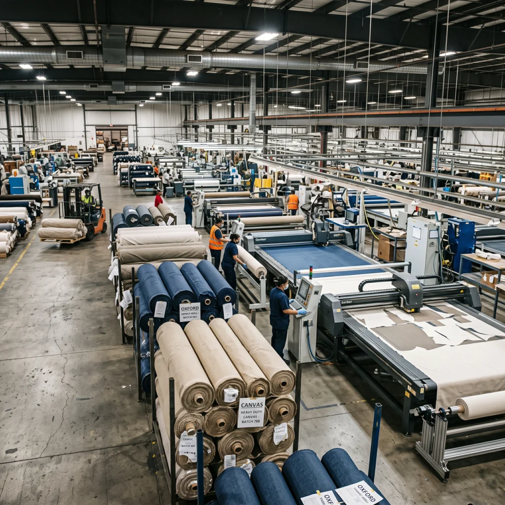 Large scale industrial textile cutting machines processing rolls of durable materials for pet bedding production.