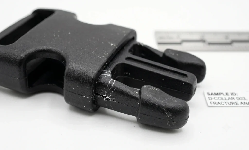 Close up macro analysis showing micro-fractures in polyoxymethylene plastic harness buckles after simulated cold weather stress.