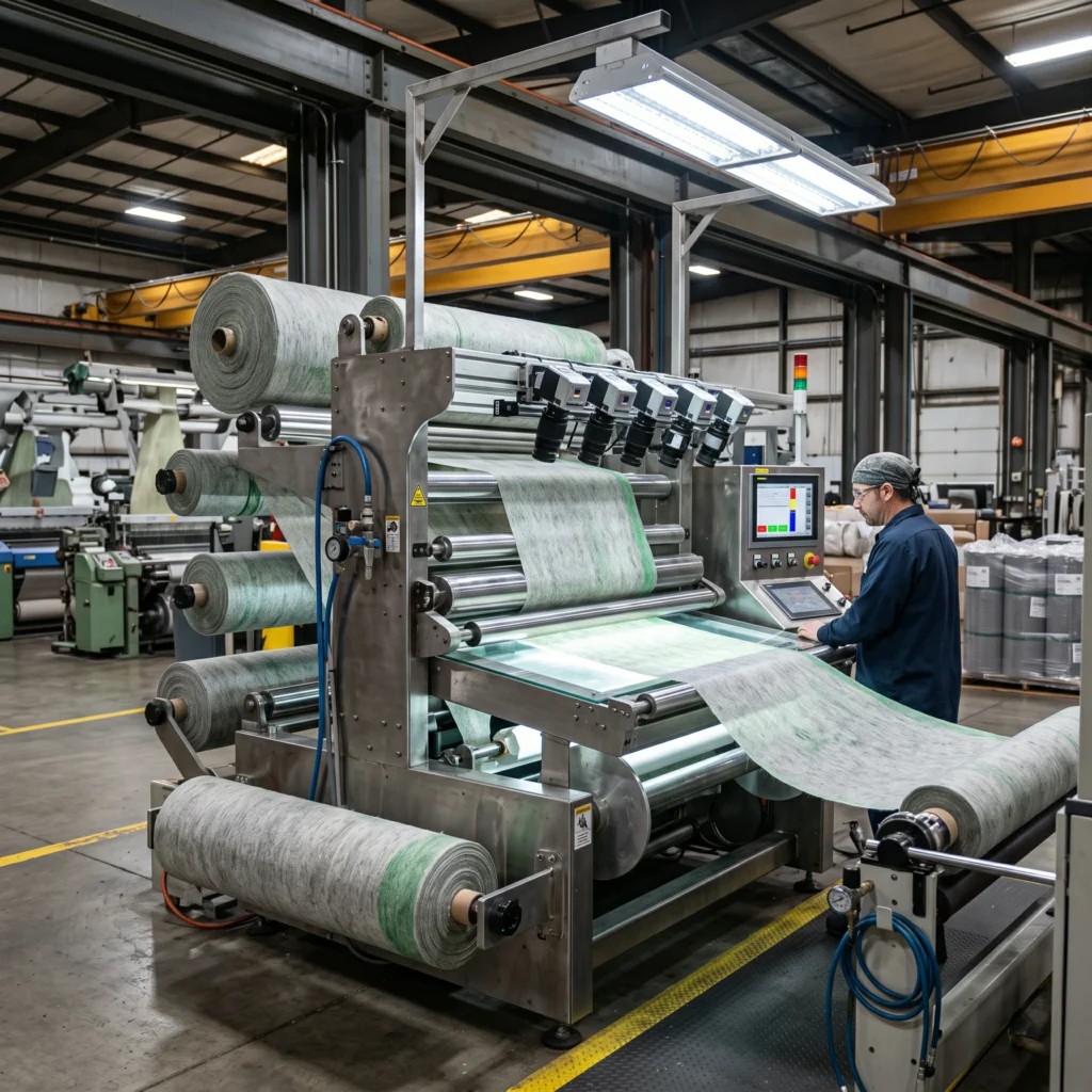 Quality control technician inspecting rolls of recycled polyester fabric for consistent tension before cutting