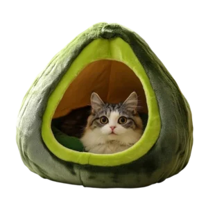 Wholesale avocado shaped plush cat cave bed. Enclosed cozy pet tent made with short plush and organic cotton for B2B pet supplies.
