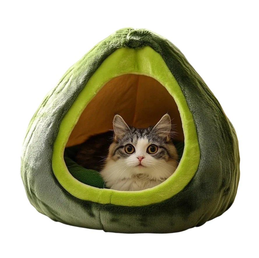 Wholesale avocado shaped plush cat cave bed. Enclosed cozy pet tent made with short plush and organic cotton for B2B pet supplies.