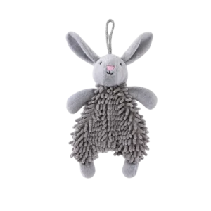 Wholesale grey rabbit plush dog toy made of chenille microfiber with squeaker and crinkle paper. Manufactured for B2B pet supplies.