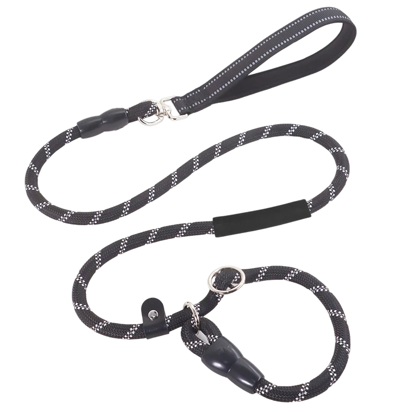 Wholesale heavy duty nylon slip lead dog leash with reflective threads and padded handle. Anti-pull training p-leash manufactured for B2B pet supplies.