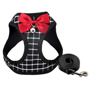 Wholesale personalized plaid cat harness and leash set with red bow and bell. Escape-proof breathable mesh vest manufactured for B2B pet supplies.