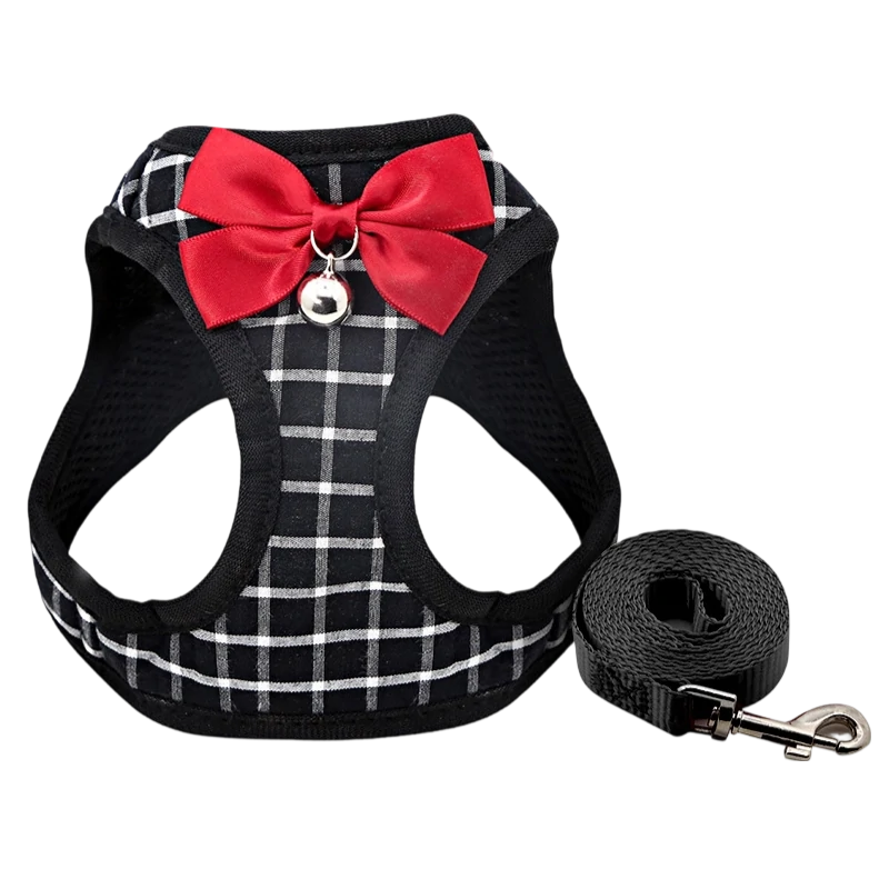 Wholesale personalized plaid cat harness and leash set with red bow and bell. Escape-proof breathable mesh vest manufactured for B2B pet supplies.
