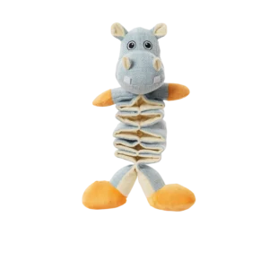 Wholesale durable plush hippo tug dog toy with stretchable body and built-in squeaker, manufactured for B2B pet supplies.