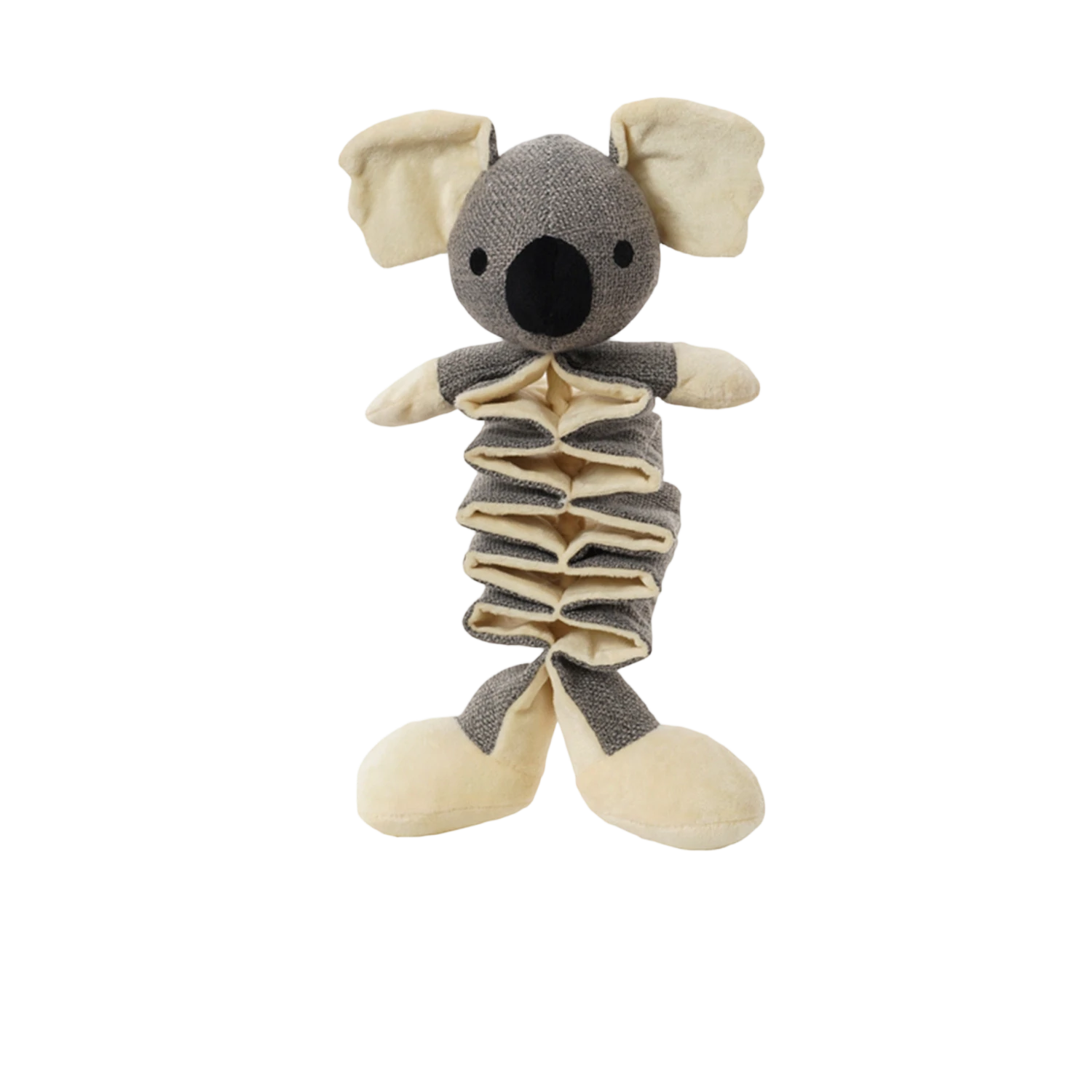 Wholesale durable plush koala tug dog toy with stretchable body and built-in squeaker, manufactured for B2B pet supplies.