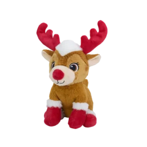 Wholesale sitting Christmas reindeer plush dog toy with built-in squeaker, manufactured for B2B holiday pet supplies.