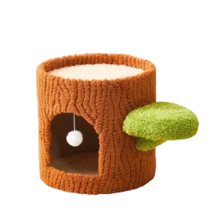 Wholesale tree trunk cat condo and scratching post featuring a heavy-duty paper tube core, plush covering, and side-step ears. Multi-tier cat bed manufactured for B2B pet supplies.