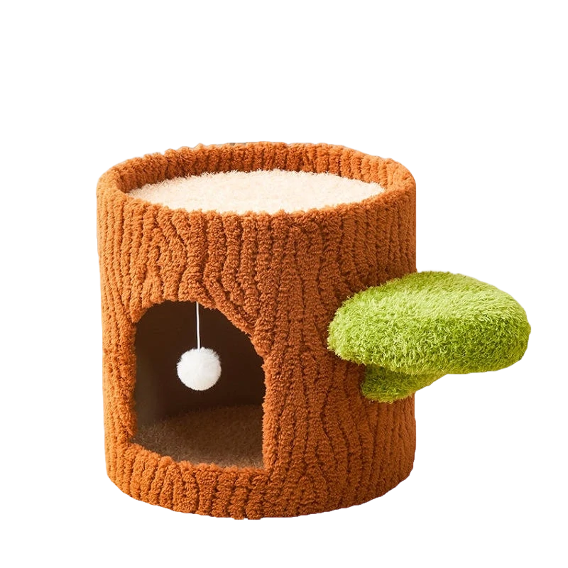 Wholesale tree trunk cat condo and scratching post featuring a heavy-duty paper tube core, plush covering, and side-step ears. Multi-tier cat bed manufactured for B2B pet supplies.