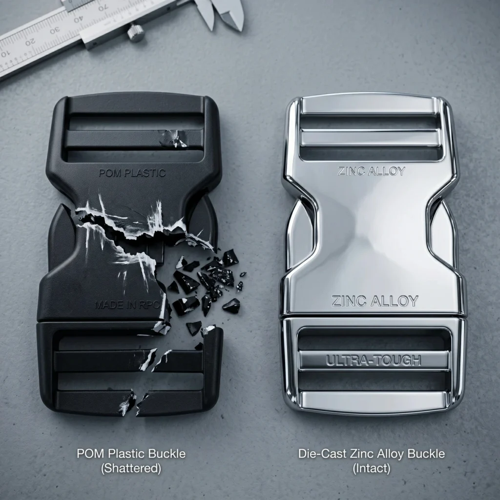 Comparison of fractured plastic buckles and intact zinc alloy hardware after destructive tensile load testing.