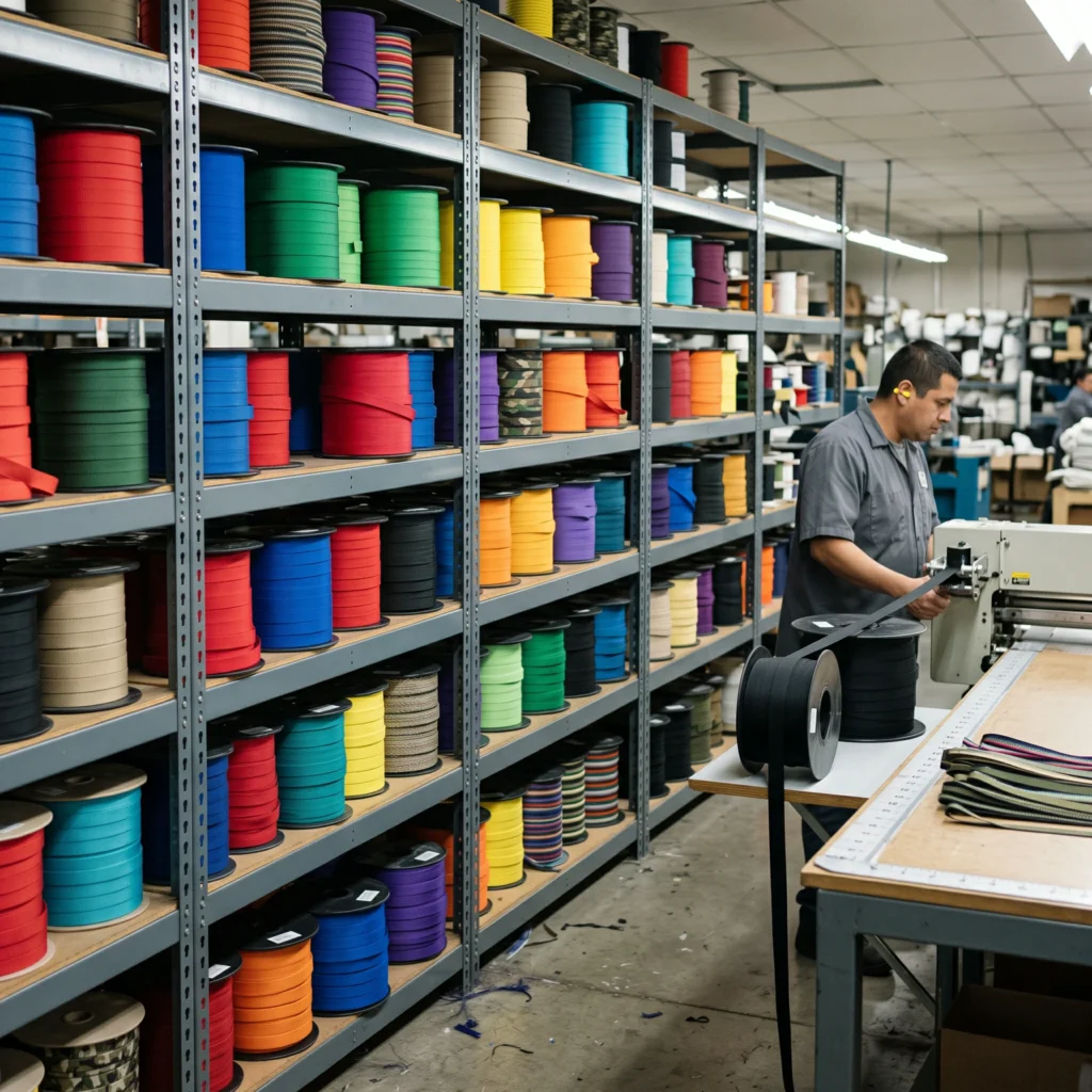 Rows of colorful nylon and polyester webbing spools stacked on industrial factory shelving ready for cutting.